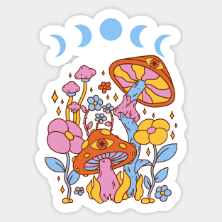 Cottagecore Mushroom Blue Retro Moon Phases Sticker